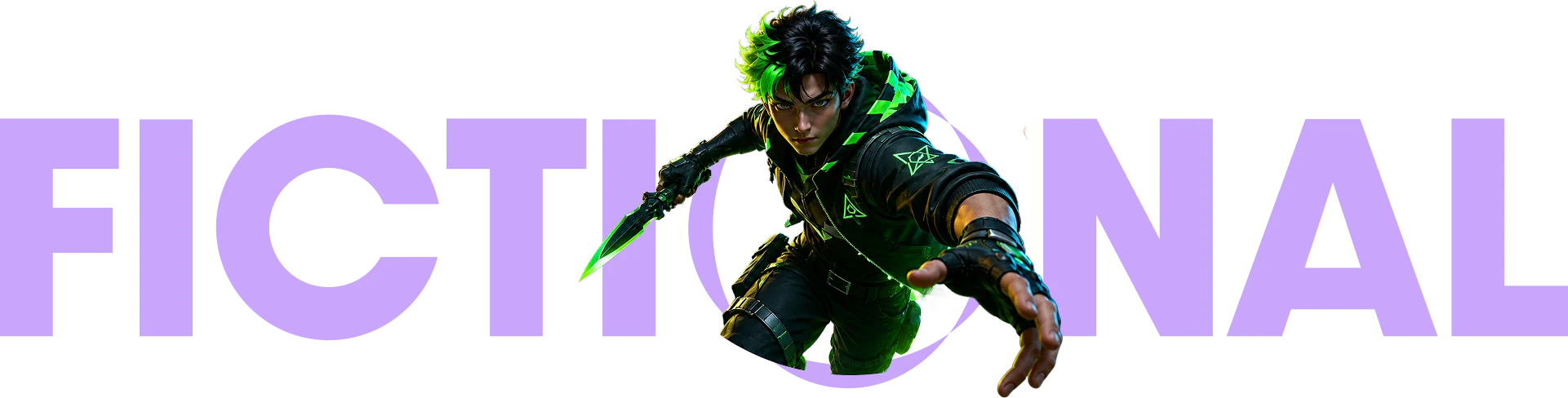 Fictional wordmark with a character leaping through the O